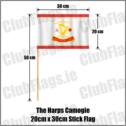 The Harps Camogie 20cm x 30cm Stick Flag, featuring the club crest and red and gold colours; County Laois Camogie. ClubFlags.ie.