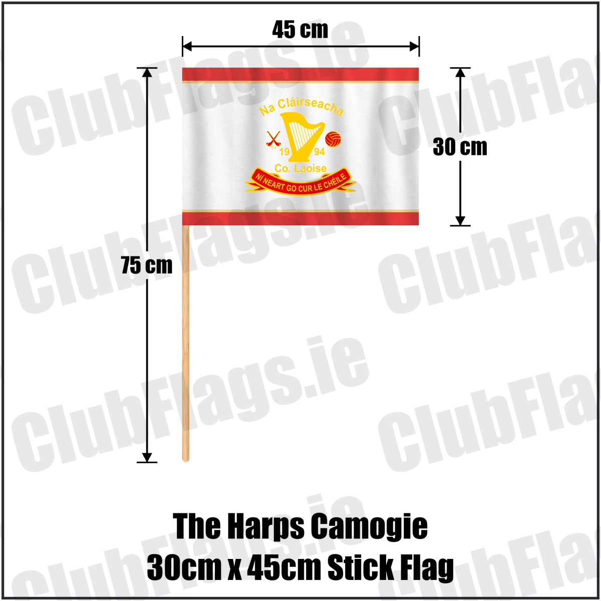 The Harps Camogie 30cm x 45cm Stick Flag, featuring the club crest and red and gold colours; County Laois Camogie. ClubFlags.ie.