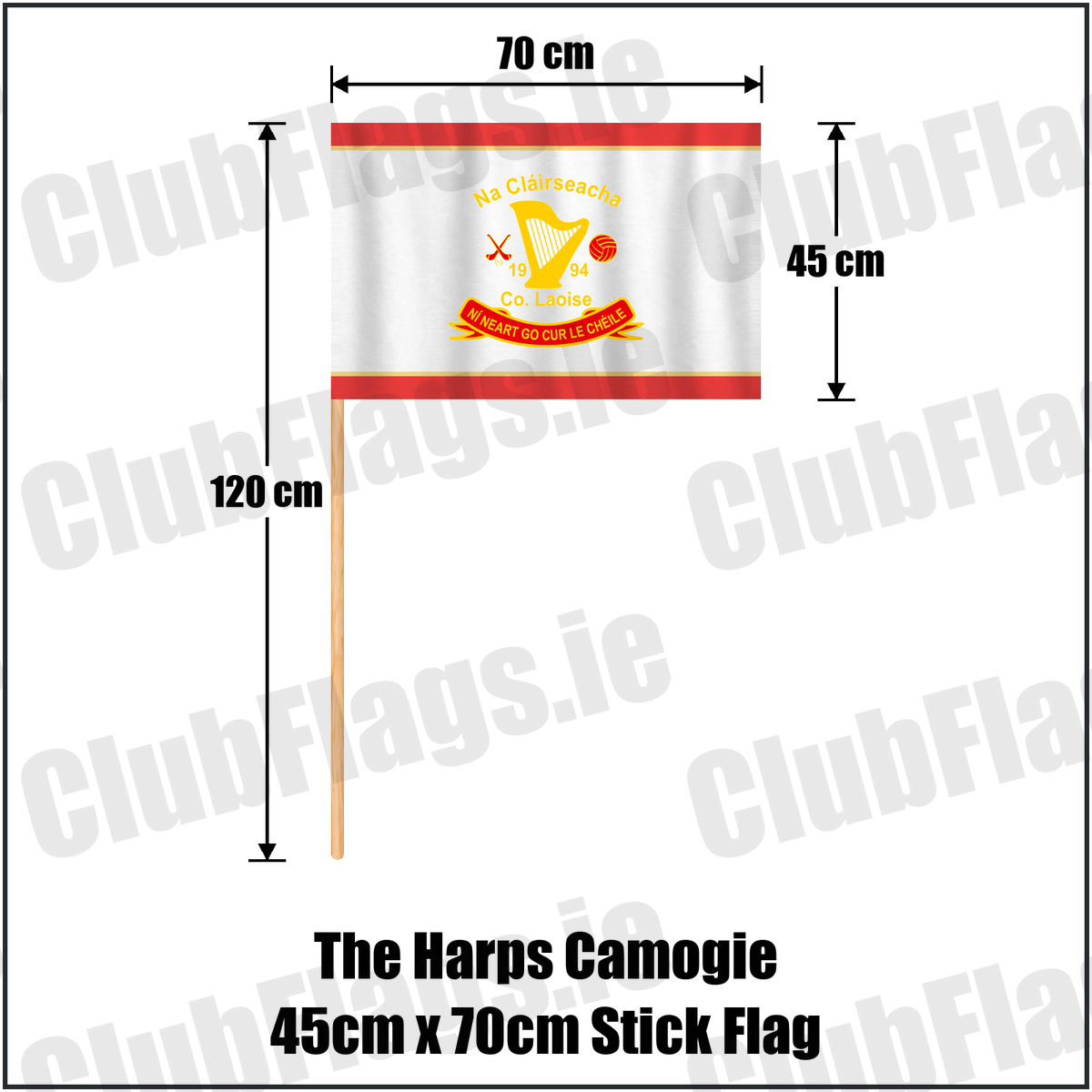 The Harps Camogie 45cm x 70cm Stick Flag, featuring the club crest and red and gold colours; County Laois Camogie. ClubFlags.ie.