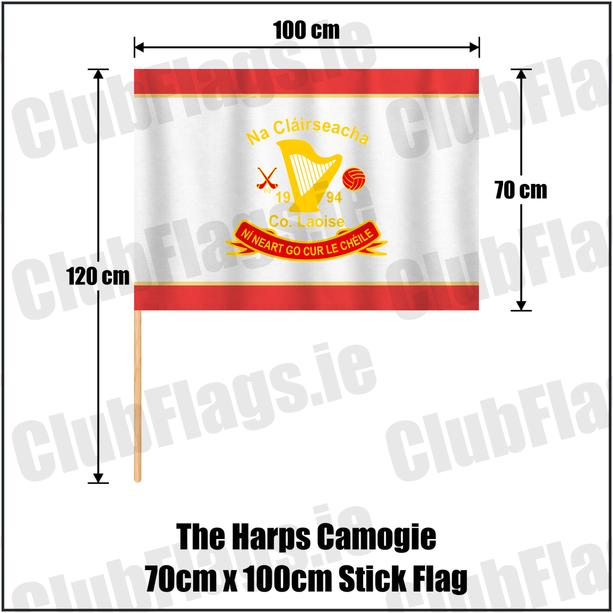 The Harps Camogie 70cm x 100cm Stick Flag, featuring the club crest and red and gold colours; County Laois Camogie. ClubFlags.ie.