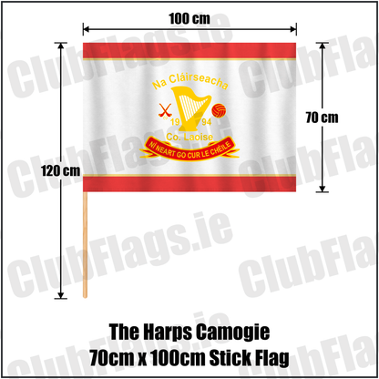 The Harps Camogie 70cm x 100cm Stick Flag, featuring the club crest and red and gold colours; County Laois Camogie. ClubFlags.ie.