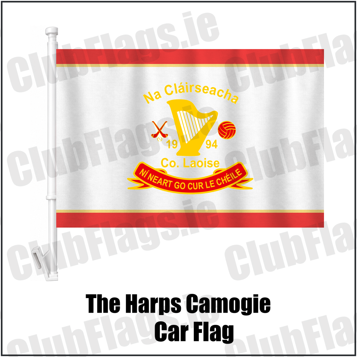 The Harps Camogie Car Flag, featuring the club crest and red and gold colours; County Laois Camogie. ClubFlags.ie.
