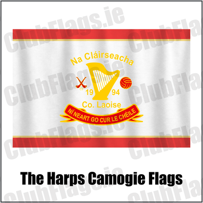 The Harps Camogie Flags, featuring the club crest and red and gold colours; County Laois Camogie. ClubFlags.ie.