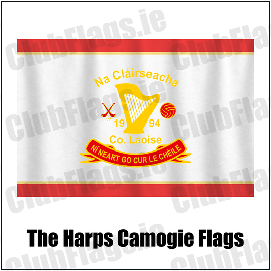 The Harps Camogie Flags, featuring the club crest and red and gold colours; County Laois Camogie. ClubFlags.ie.