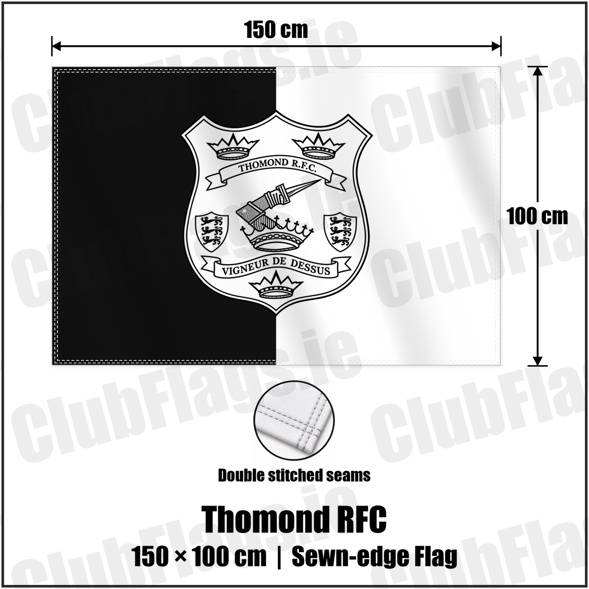 Thomond RFC 100cm x 150cm Flag (sewn on the edges) with the verified club crest and colours, Limerick Rugby - ClubFlags.ie