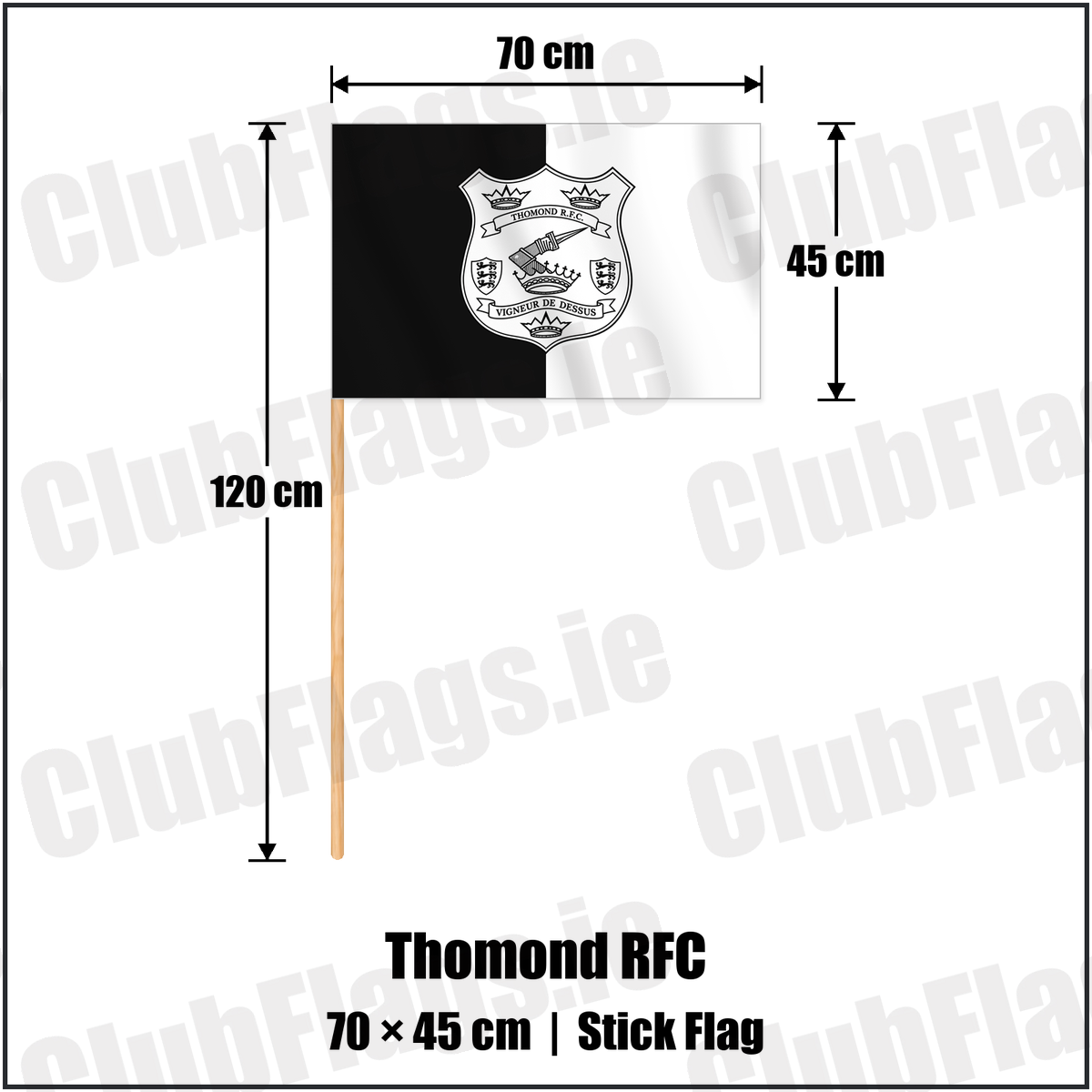 Thomond RFC 45cm x 70cm Stick Flag with the verified club crest and colours, Limerick Rugby - ClubFlags.ie