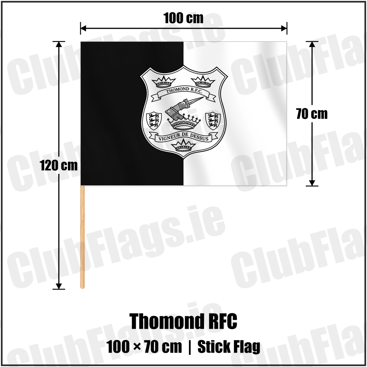 Thomond RFC 70cm x 100cm Stick Flag with the verified club crest and colours, Limerick Rugby - ClubFlags.ie