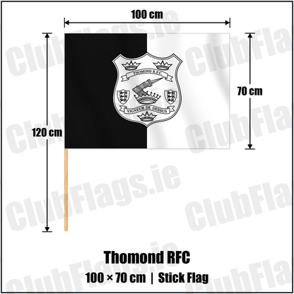 Thomond RFC 70cm x 100cm Stick Flag with the verified club crest and colours, Limerick Rugby - ClubFlags.ie