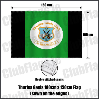 Thurles Gaels 100cm x 150cm Flag (sewn on the edges) in black and green, featuring the club crest on realistic fabric with gentle vertical folds; County Tipperary GAA. ClubFlags.ie.