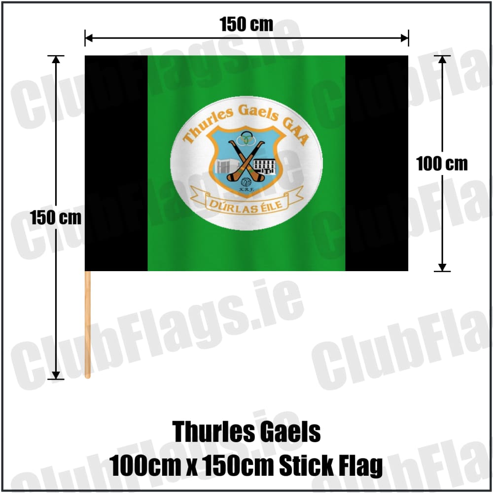 Thurles Gaels 100cm x 150cm Stick Flag in black and green, featuring the club crest on realistic fabric with gentle vertical folds; County Tipperary GAA. ClubFlags.ie.