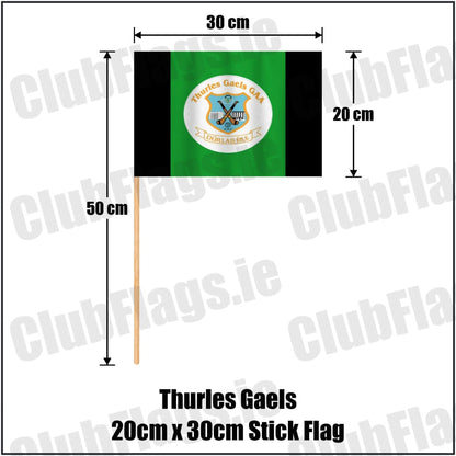 Thurles Gaels 20cm x 30cm Stick Flag in black and green, featuring the club crest on realistic fabric with gentle vertical folds; County Tipperary GAA. ClubFlags.ie.
