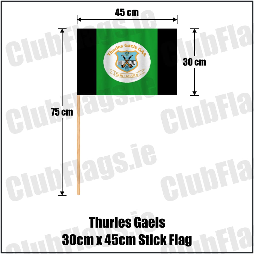 Thurles Gaels 30cm x 45cm Stick Flag in black and green, featuring the club crest on realistic fabric with gentle vertical folds; County Tipperary GAA. ClubFlags.ie.