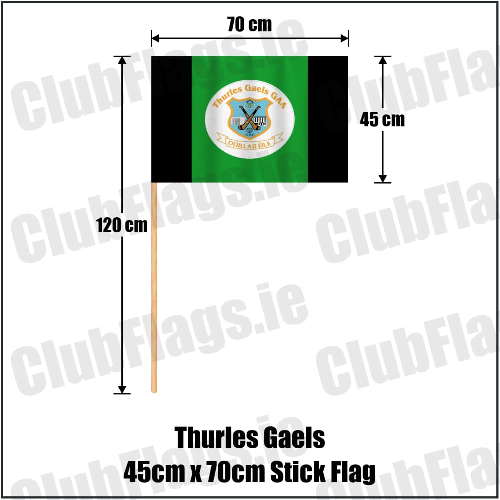 Thurles Gaels 45cm x 70cm Stick Flag in black and green, featuring the club crest on realistic fabric with gentle vertical folds; County Tipperary GAA. ClubFlags.ie.
