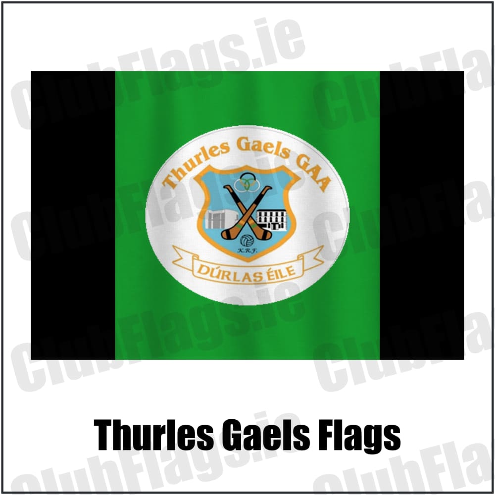 Thurles Gaels Flags in black and green, featuring the club crest on realistic fabric with gentle vertical folds; County Tipperary GAA. ClubFlags.ie.