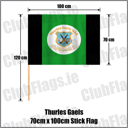 Thurles Gaels 70cm x 100cm Stick Flag in black and green, featuring the club crest on realistic fabric with gentle vertical folds; County Tipperary GAA. ClubFlags.ie.