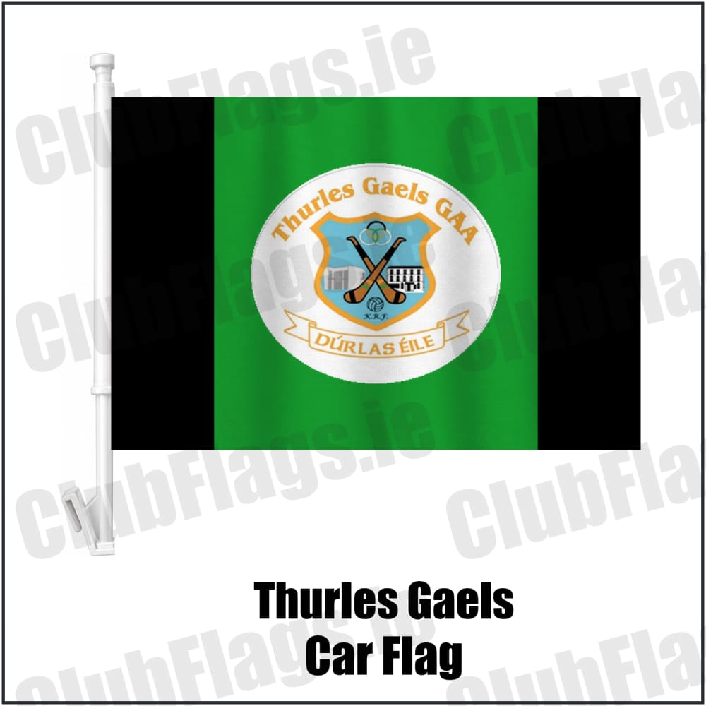 Thurles Gaels Car Flag in black and green, featuring the club crest on realistic fabric with gentle vertical folds; County Tipperary GAA. ClubFlags.ie.