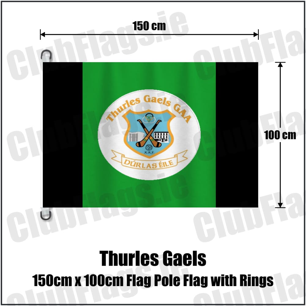 Thurles Gaels 150cm x 100cm Flag Pole Flag with Rings in black and green, featuring the club crest on realistic fabric with gentle vertical folds; County Tipperary GAA. ClubFlags.ie.