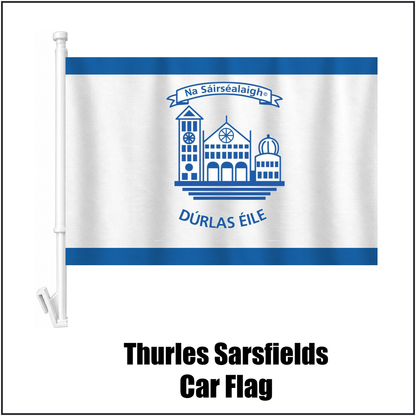 Thurles Sarsfields Car Flag, featuring the club crest and blue and white colours; County Tipperary GAA. ClubFlags.ie.