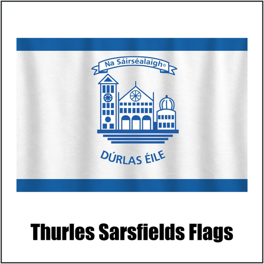Thurles Sarsfields Flags, featuring the club crest and blue and white colours; County Tipperary GAA. ClubFlags.ie.