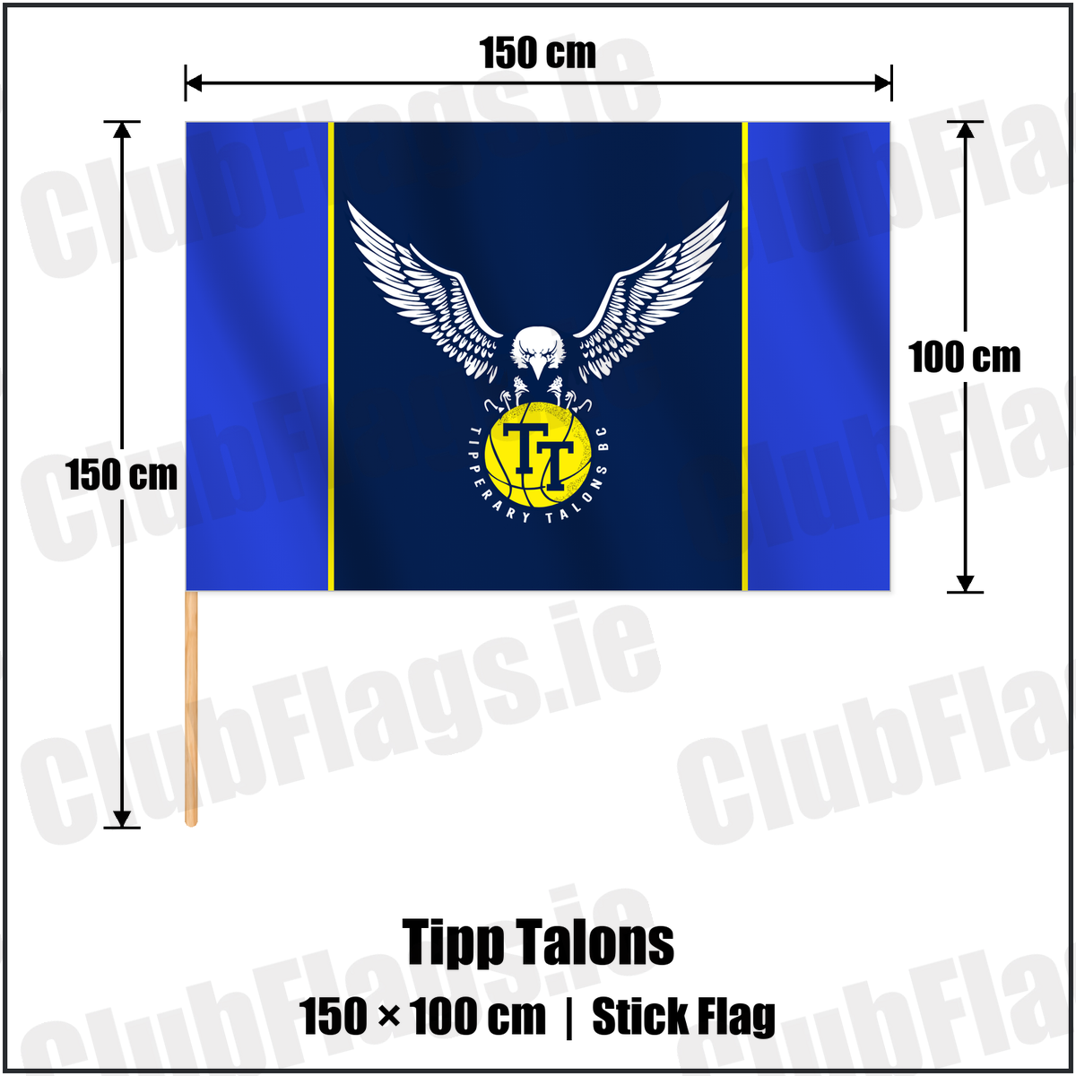 Tipp Talons 100cm x 150cm Stick Flag with the club crest and colours, Tipperary Basketball - ClubFlags.ie