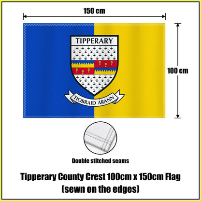 Tipperary county crest 100 × 150 cm sewn-edge flag in blue and yellow, with dimension arrows and a double-stitch seam close-up.