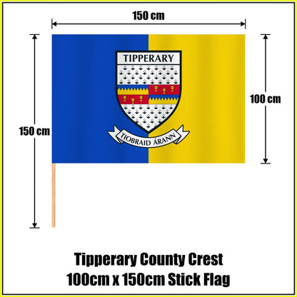 Tipperary county crest 100 × 150 cm stick flag in blue and yellow, with a 150 cm wooden stick and dimension arrows.
