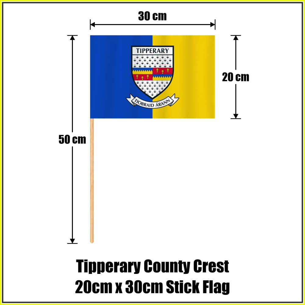 Tipperary county crest 20 × 30 cm stick flag in blue and yellow, with a 50 cm wooden stick and dimension arrows.
