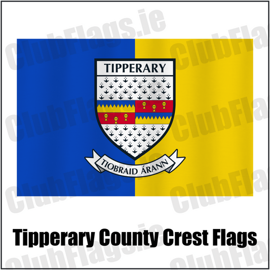 Tipperary county crest flag in blue and yellow, with county name and crest.