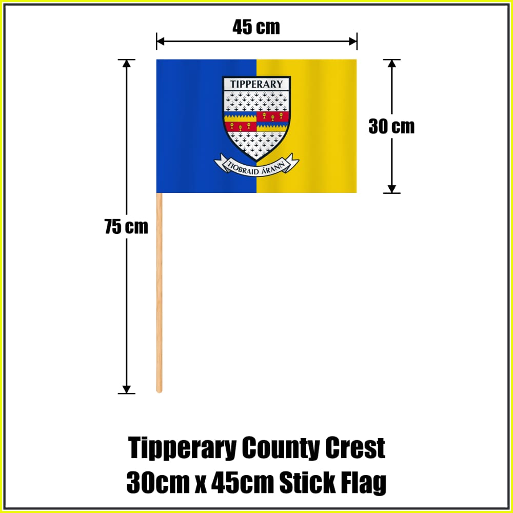 Tipperary county crest 30 × 45 cm stick flag in blue and yellow, with a 75 cm wooden stick and dimension arrows.