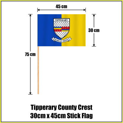 Tipperary county crest 30 × 45 cm stick flag in blue and yellow, with a 75 cm wooden stick and dimension arrows.