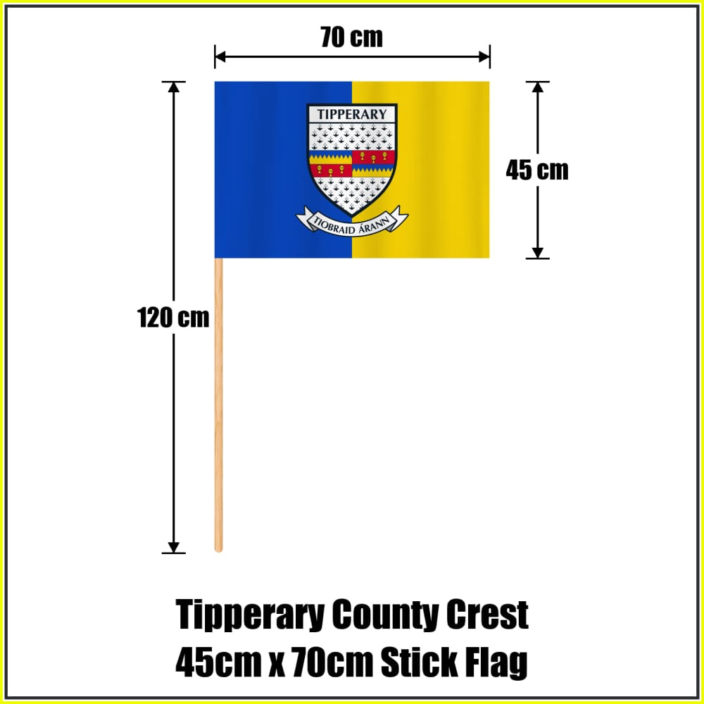 Tipperary county crest 45 × 70 cm stick flag in blue and yellow, with a 120 cm wooden stick and dimension arrows.