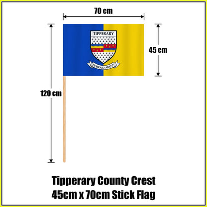 Tipperary county crest 45 × 70 cm stick flag in blue and yellow, with a 120 cm wooden stick and dimension arrows.