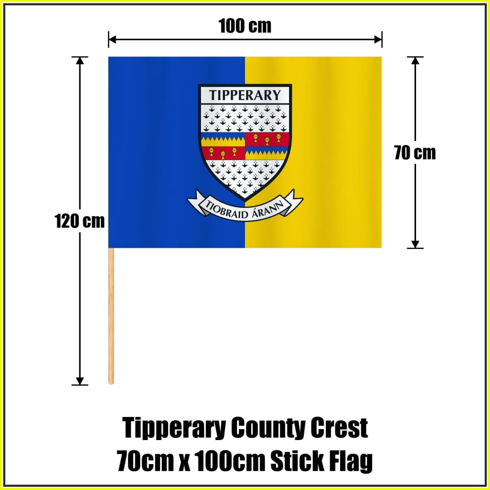Tipperary county crest 70 × 100 cm stick flag in blue and yellow, with a 120 cm wooden stick and dimension arrows.