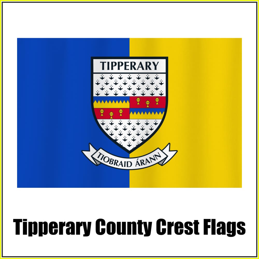 Tipperary county crest flag in blue and yellow, with county name and crest.