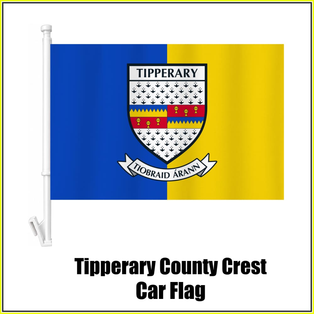 Tipperary county crest car flag in blue and yellow, on a white plastic window mount.