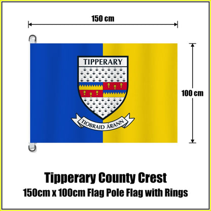 Tipperary county crest flag, 150 cm wide × 100 cm high, in blue and yellow, with two dark attachment rings on white tabs and no pole.