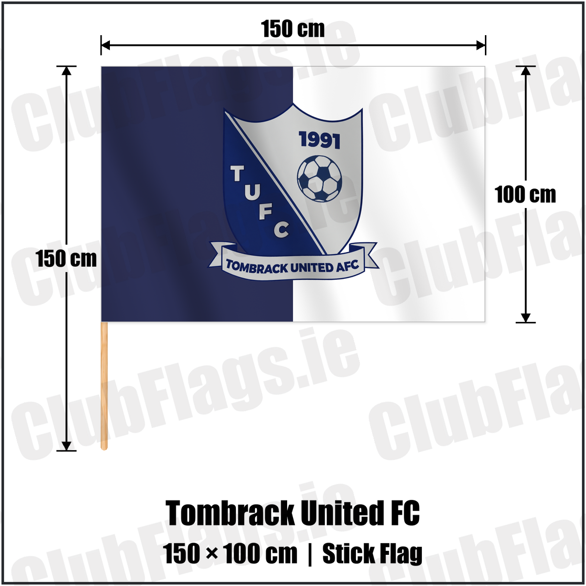 Tombrack United FC 100cm x 150cm Stick Flag with the verified club crest and colours, Wexford Football - ClubFlags.ie