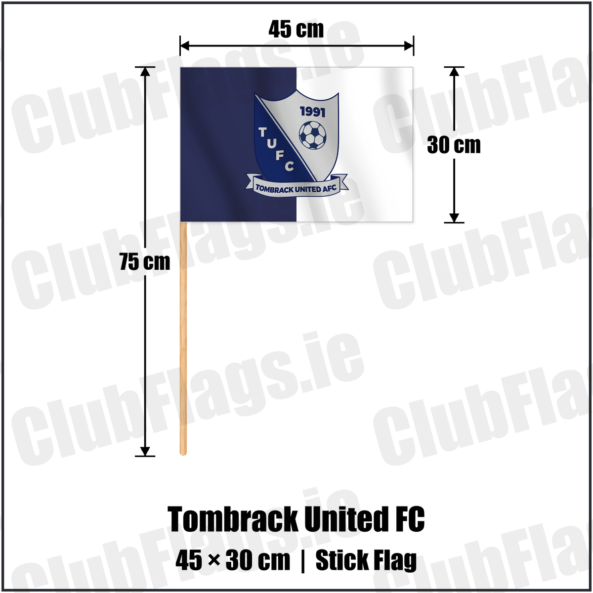 Tombrack United FC 30cm x 45cm Stick Flag with the verified club crest and colours, Wexford Football - ClubFlags.ie