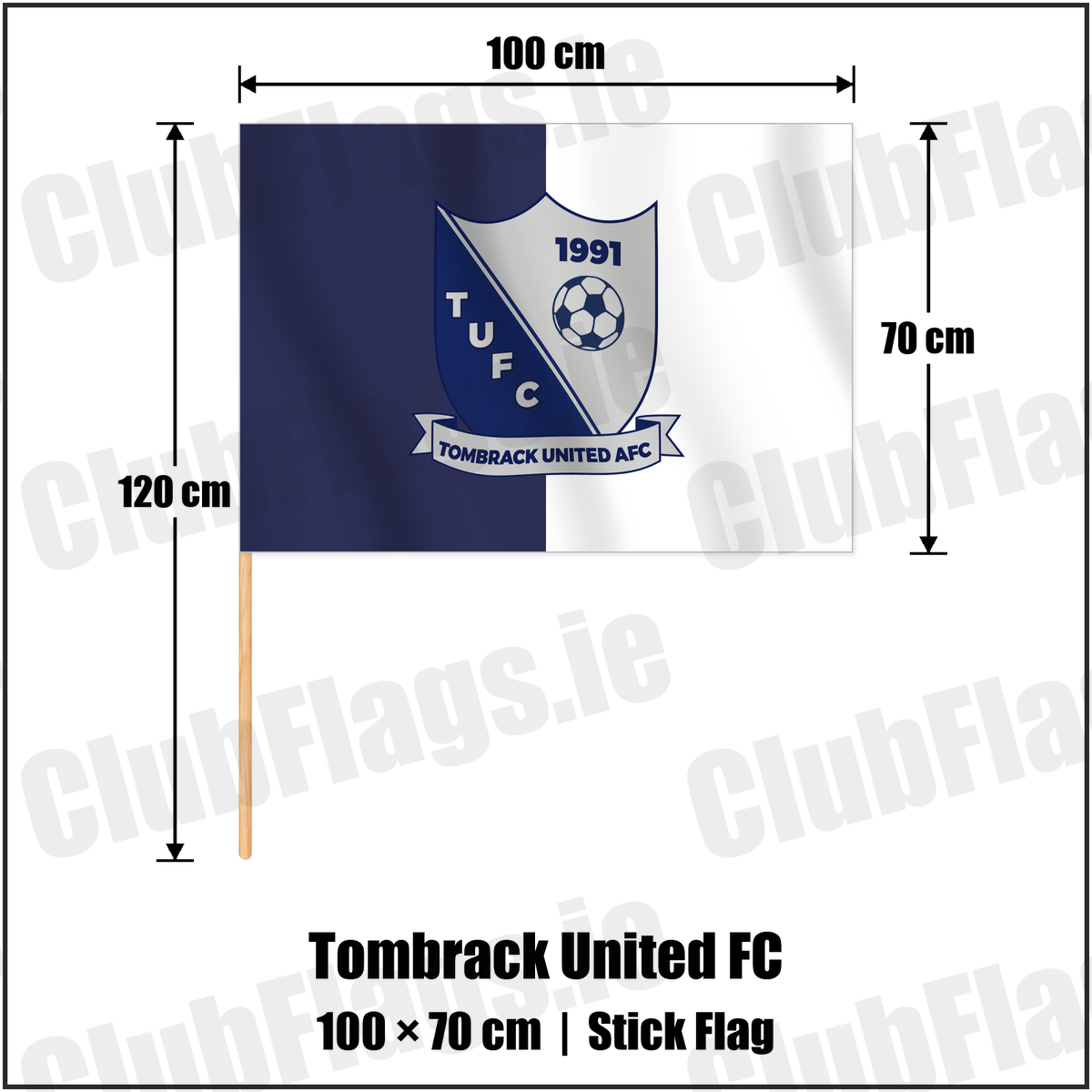 Tombrack United FC 70cm x 100cm Stick Flag with the verified club crest and colours, Wexford Football - ClubFlags.ie
