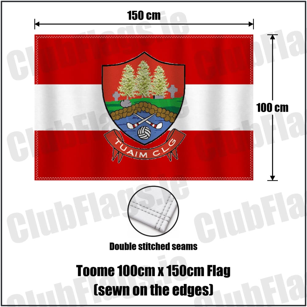 Toome 100cm x 150cm Flag (sewn on the edges) in red and white, featuring the club crest on realistic fabric with gentle vertical folds; County Monaghan GAA. ClubFlags.ie.