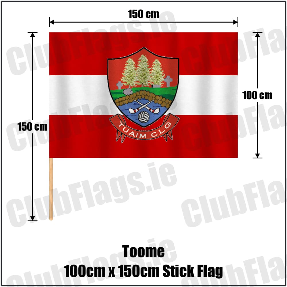 Toome 100cm x 150cm Stick Flag in red and white, featuring the club crest on realistic fabric with gentle vertical folds; County Monaghan GAA. ClubFlags.ie.