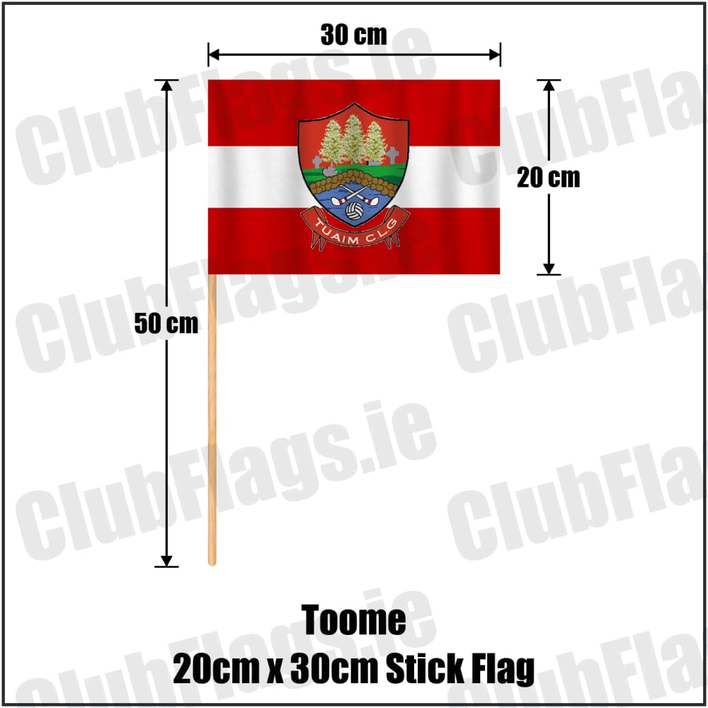 Toome 20cm x 30cm Stick Flag in red and white, featuring the club crest on realistic fabric with gentle vertical folds; County Monaghan GAA. ClubFlags.ie.