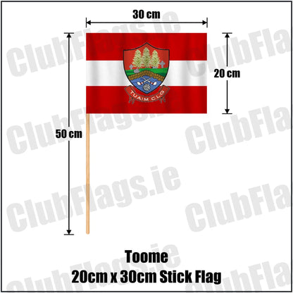 Toome 20cm x 30cm Stick Flag in red and white, featuring the club crest on realistic fabric with gentle vertical folds; County Monaghan GAA. ClubFlags.ie.