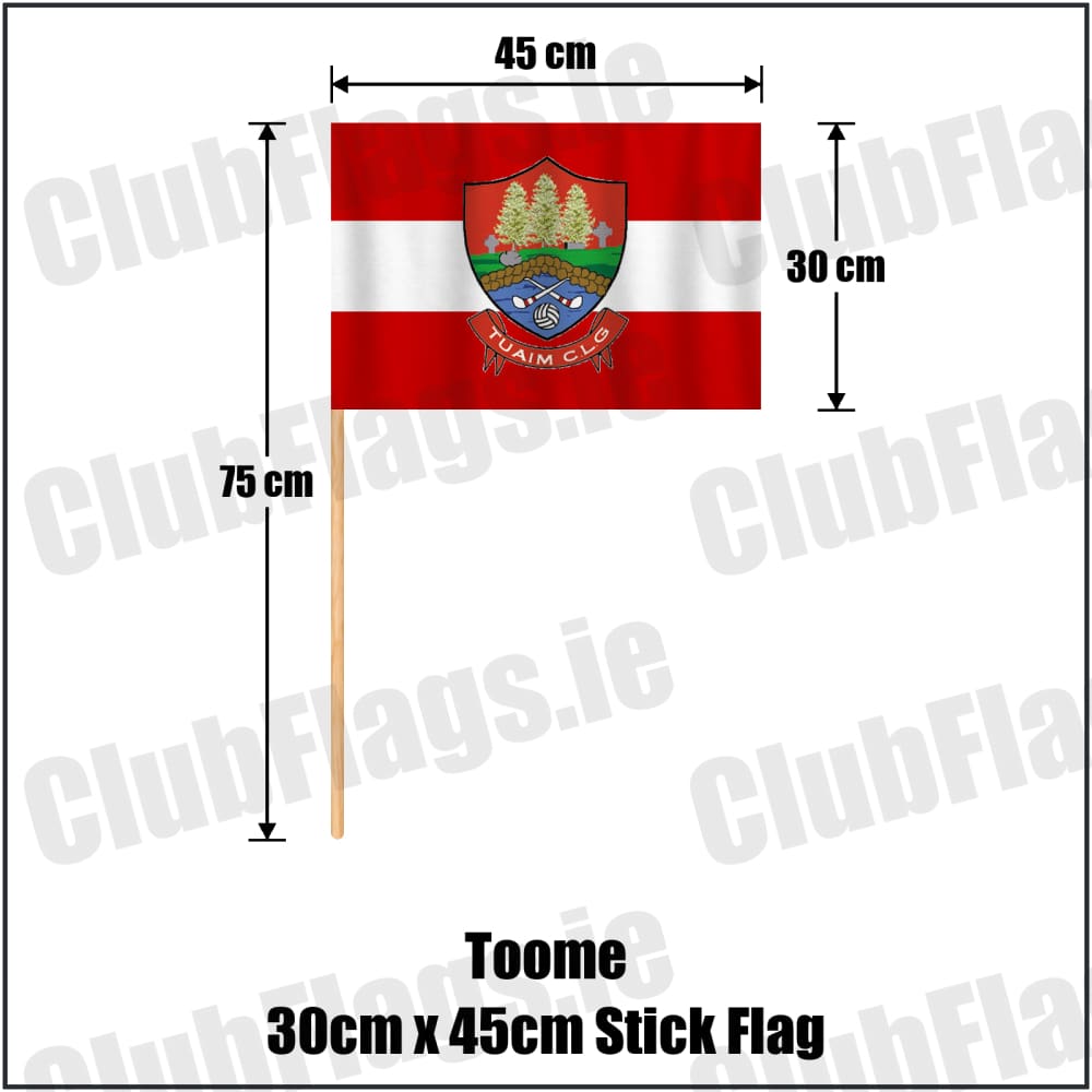 Toome 30cm x 45cm Stick Flag in red and white, featuring the club crest on realistic fabric with gentle vertical folds; County Monaghan GAA. ClubFlags.ie.