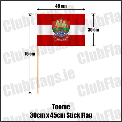 Toome 30cm x 45cm Stick Flag in red and white, featuring the club crest on realistic fabric with gentle vertical folds; County Monaghan GAA. ClubFlags.ie.