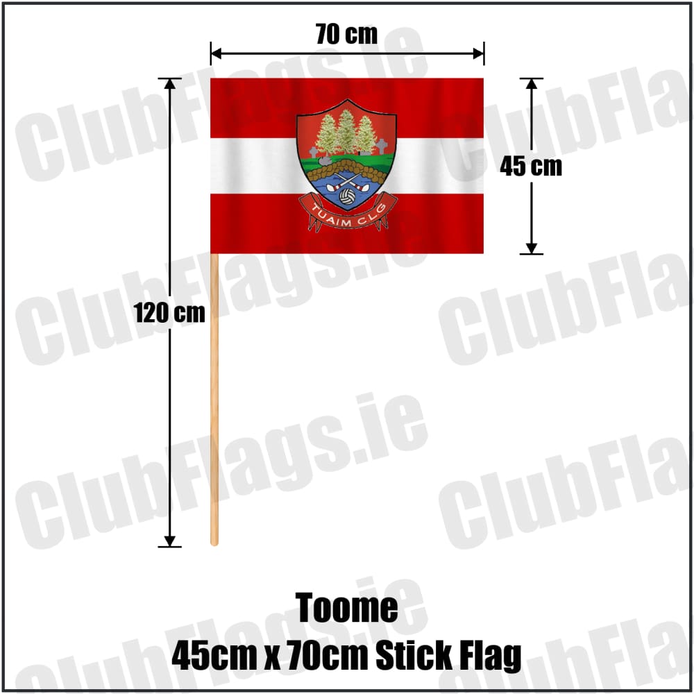 Toome 45cm x 70cm Stick Flag in red and white, featuring the club crest on realistic fabric with gentle vertical folds; County Monaghan GAA. ClubFlags.ie.