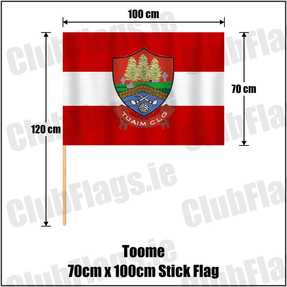Toome 70cm x 100cm Stick Flag in red and white, featuring the club crest on realistic fabric with gentle vertical folds; County Monaghan GAA. ClubFlags.ie.