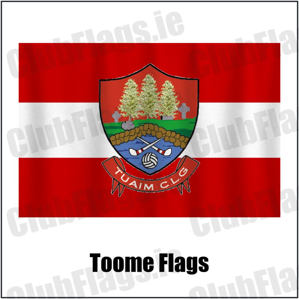 Toome Flags in red and white, featuring the club crest on realistic fabric with gentle vertical folds; County Monaghan GAA. ClubFlags.ie.