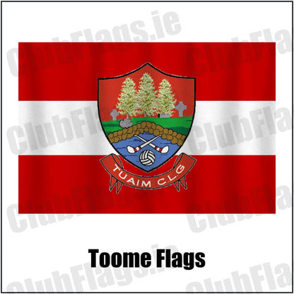Toome Flags in red and white, featuring the club crest on realistic fabric with gentle vertical folds; County Monaghan GAA. ClubFlags.ie.