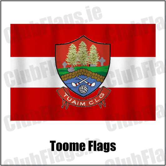 Toome Flags in red and white, featuring the club crest on realistic fabric with gentle vertical folds; County Monaghan GAA. ClubFlags.ie.